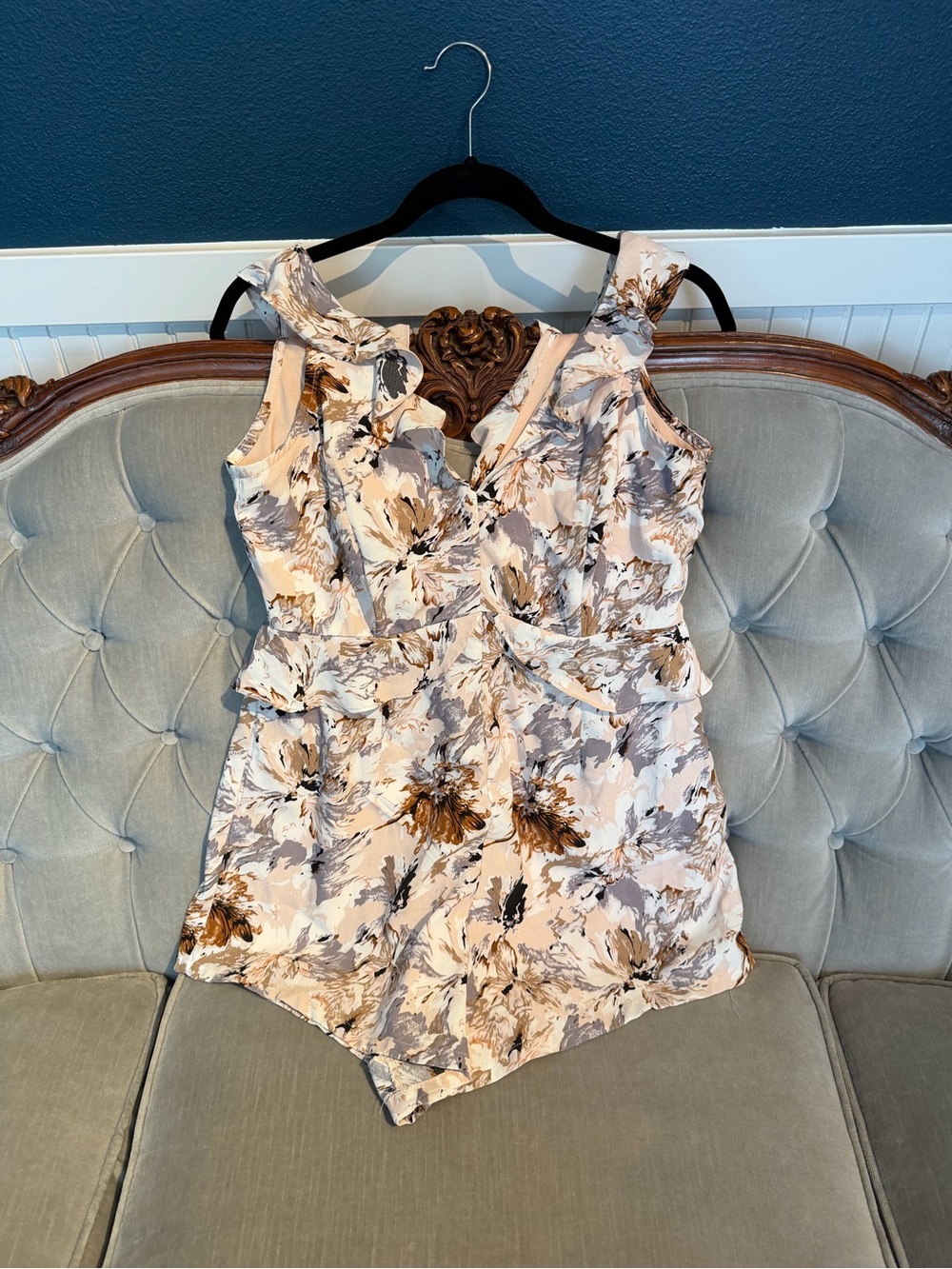 Lulu's Floral Ruffled V-Neck Romper in Blush, Taupe & Brown